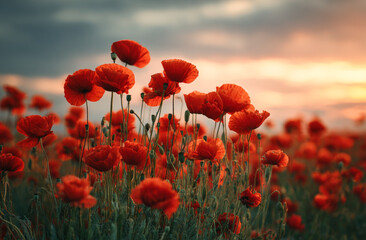 Obraz premium Red poppy flowers in a lush meadow at sunset with vibrant petals and textured foliage