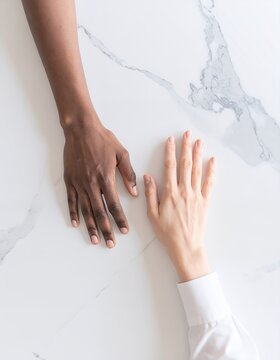 Diverse hands reaching on white marbled background conveying unity and connection