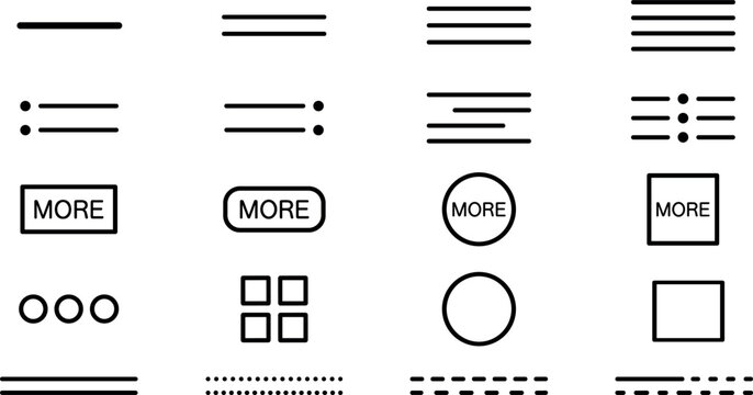 Vector set of user interface icons, navigation menu symbols, buttons, text alignment lines, more options, and web design,
