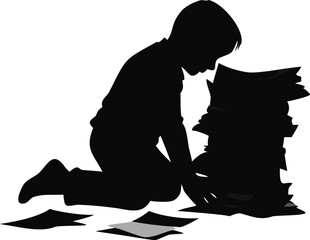 Silhouette Of A Boy Buried Under A Stack Of Papers