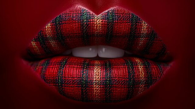 Red lip mouth teeth smile with tartan plaid pattern glossy makeup fashion art closeup
