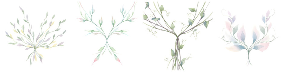 Set of four gentle watercolor plant illustrations isolated on a transparent background