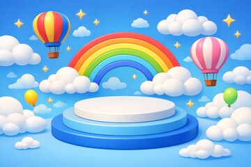 Naklejka premium Playful 3D scene features a round podium floating among fluffy clouds, bright balloons, and a vivid rainbow on blue sky, ideal for kids branding, events, or product showcases.