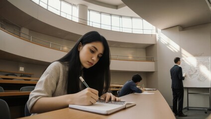 Focused student taking notes in a large lecture hall (1)