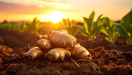 Close-up pile of freshly harvested ginger roots, knobby surfaces coated with rich dark soil, organic farming