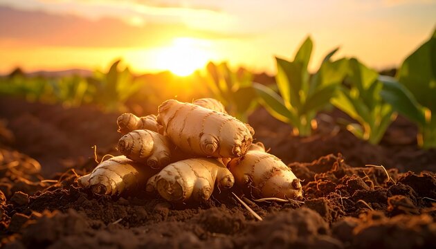 Close-up pile of freshly harvested ginger roots, knobby surfaces coated with rich dark soil, organic farming