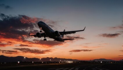 Silhouetted airplane taking off at sunset over a runway