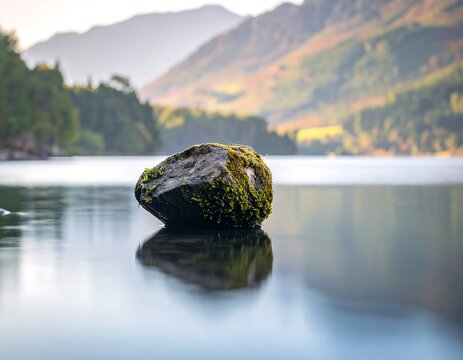 A moss-covered boulder floats calmly in serene water, reflecting the distant, rolling mountains and creating a tranquil scene