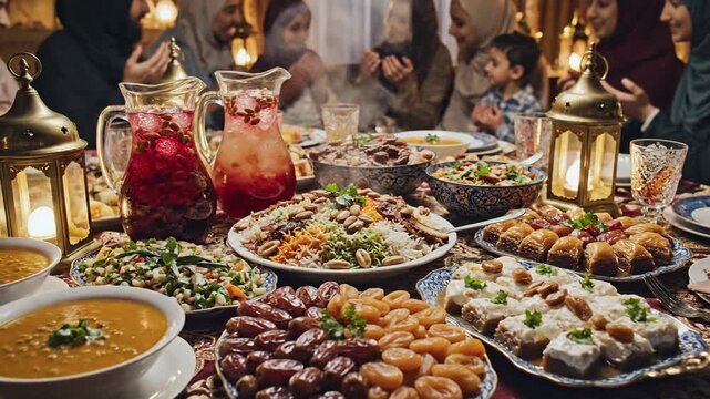 Abundant iftar table setting with various traditional foods and drinks surrounded by people in a warm Ramadan Kareem celebration atmosphere with soft lighting.