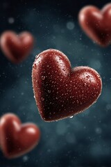 Fototapeta premium Rich chocolate hearts covered in dewy droplets float against a soft teal bokeh background, creating a romantic, indulgent scene ideal for Valentine promotions or dessert ads.