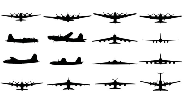 Detailed collection of vintage military bomber aircraft silhouettes presented from various angles for historical and graphic design projects