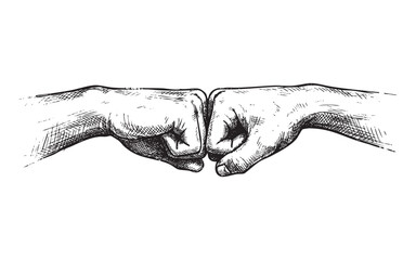 hands coming together for a fist bump gesture, rendered in a detailed vintage woodcut style. © trianatio