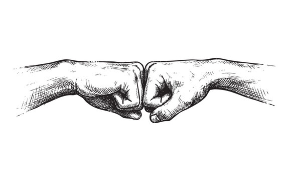 hands coming together for a fist bump gesture, rendered in a detailed vintage woodcut style.