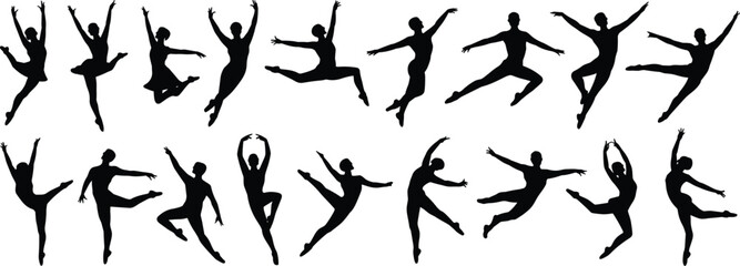 Ballet dancer jumping silhouettes collection, graceful dance poses in motion, modern ballet performance vector illustration isolated on white background © Vector's World