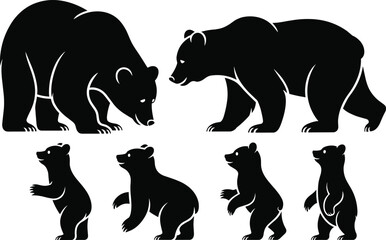 Bear silhouette collection showing adult and cub poses, wild animal wildlife concept, black vector illustration set isolated on white background © Vector's World