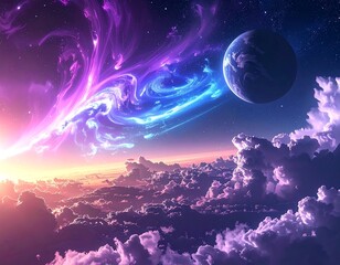 Obraz premium Cosmic panorama, showcasing vibrant nebula, planets, and swirling clouds