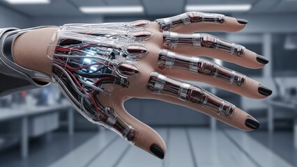 Futuristic cybernetic hand displaying advanced bionic integration with human anatomy and glowing