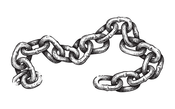 metal chain with one link broken or open, rendered in a vintage woodcut style.