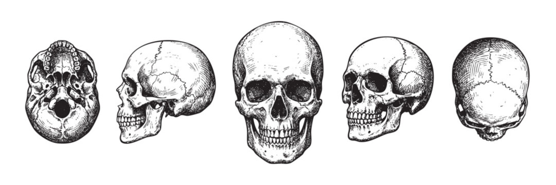human skull shown from various angles (front, side, top, bottom) in a vintage Illustrations style