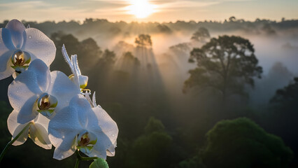 White Orchids in Tropical Rainforest at Sunrise with Misty Jungle and Sunbeams