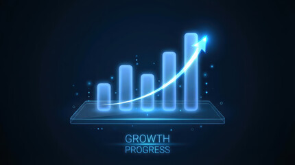 Futuristic Neon Bar Chart with Upward Arrow Showing Growth and Progress