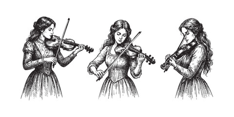 women playing violins in various poses in a vintage woodcut style. © trianatio