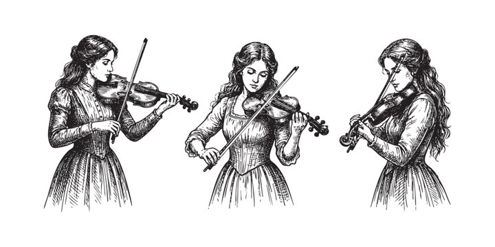 women playing violins in various poses in a vintage woodcut style.