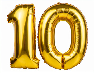 Golden Number 10 Foil Balloon Floating, Anniversary and Celebration Decor, Transparent Background