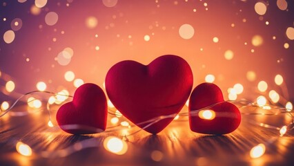 Three red hearts surrounded by warm fairy lights on a wooden surface with soft bokeh background