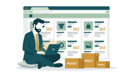 Businessman browsing online e-commerce website for product sales and delivery