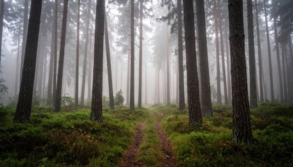 Misty Forest Path With Tall Pine Trees And Lush Green Undergrowth On A Foggy Morning