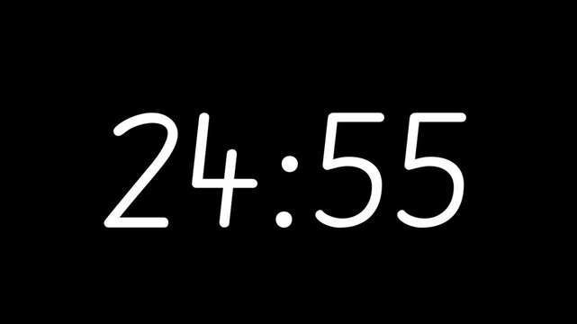Countdown digital timer from 25 minute to 24 minute on black background