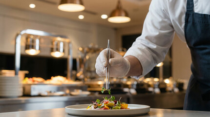 Serving Food at a Modern Cafeteria Buffet Line, a Chef Meticulously Plates a Fresh Salad for Guests