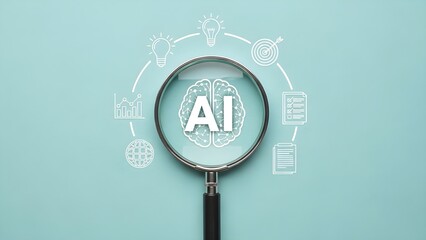 Magnifying glass with AI text and icons on a light blue background with a minimalist composition.