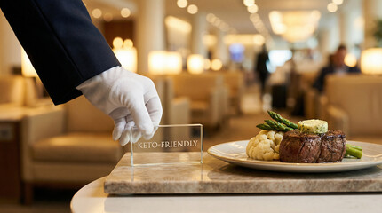 Keto-Friendly Steak Meal, Professional Server Presenting Healthy Options at a Modern Cafeteria Buffet Line