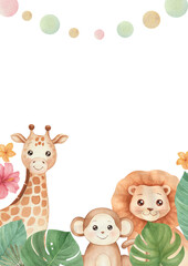 Naklejka premium Cute safari animals and tropical leaves frame. Watercolor frame with lion, monkey, giraffe