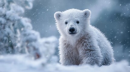 Obraz premium Adorable baby polar bear in snowy winter landscape
