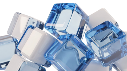 Abstract composition of blue and white translucent cubes