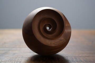 A wooden decorative piece with a spiral design sits on a wooden surface