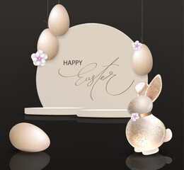 Happy Easter. Festive card with Easter eggs, a podium, and a bunny.