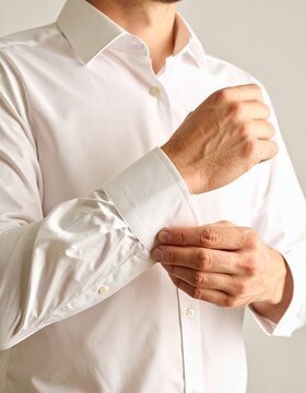 Man adjusts his pristine white dress shirt cuff in a refined manner
