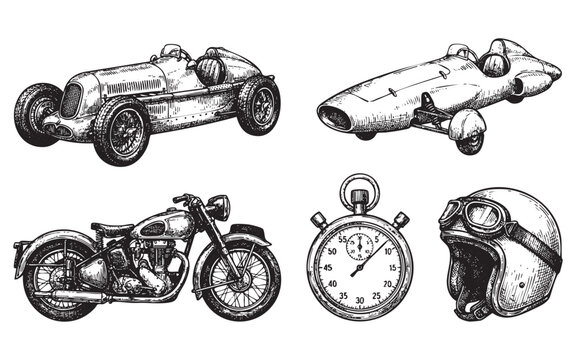 collection of retro racing-themed items including two race cars, a motorcycle, a stopwatch, and a helmet in a vintage woodcut style