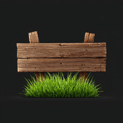 Rustic wooden sign with weathered texture and vibrant green grass against a dark background, creating a natural, inviting visual.