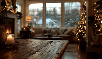 Rustic wooden table with a textured surface in a cozy living room decorated for christmas, featuring warm lighting, soft cushions, and festive ornaments