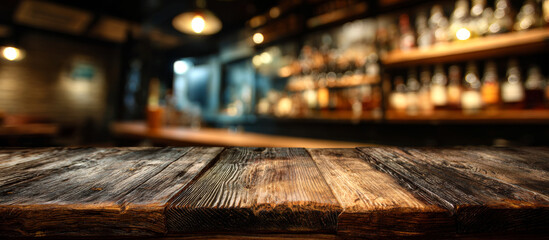 Rustic wooden table with blurred bar background featuring shelves of liquor bottles and warm lighting, creating a cozy atmosphere.