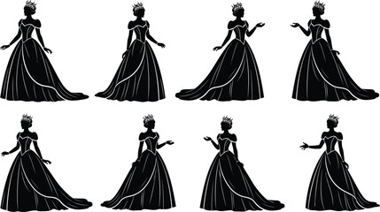 Beautiful queen princess silhouette set wearing crown and long ball gown dress, royal female character vector illustration isolated on white. © prof.design