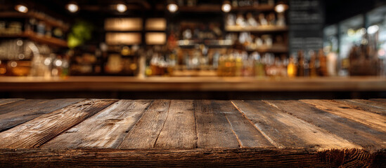 Rustic Wooden Tabletop with Blurred Bar Counter Background, Perfect for Product Placement and Mockups in a Cozy Setting
