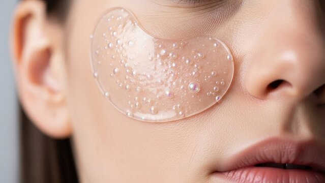 Close-up of a person's face with a translucent hydrogel eye patch for skin hydration