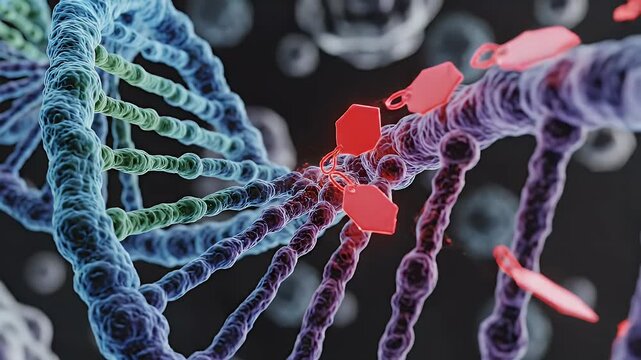 CGI Animation of DNA Methylation Process with 3D Rendering on a Dark Background Emphasizing Cellular Processes and