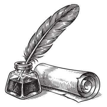 glass inkwell with a feather quill pen dipped inside, positioned next to a rolled parchment scroll in a vintage woodcut style